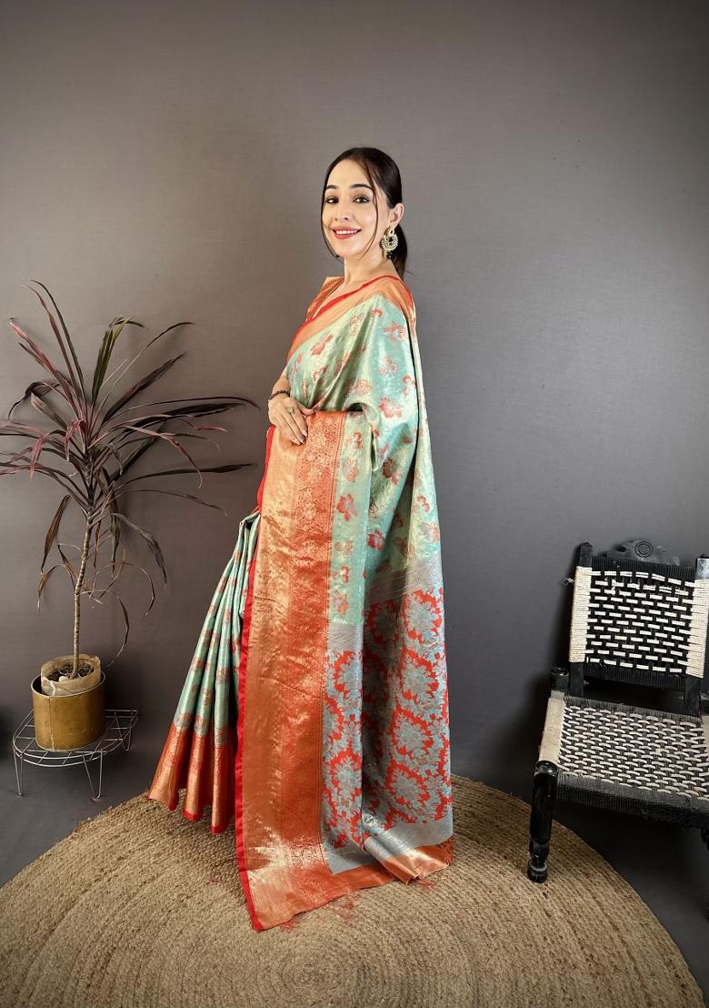 Sea Green Zari Work Silk Saree Set - Indya