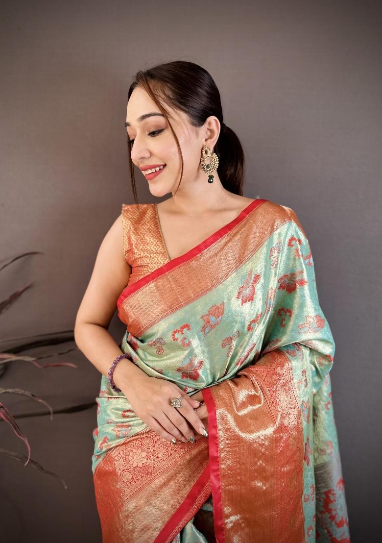 Sea Green Zari Work Silk Saree Set - Indya