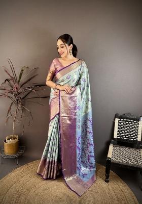 Sky Blue Zari Work Silk Saree Set
