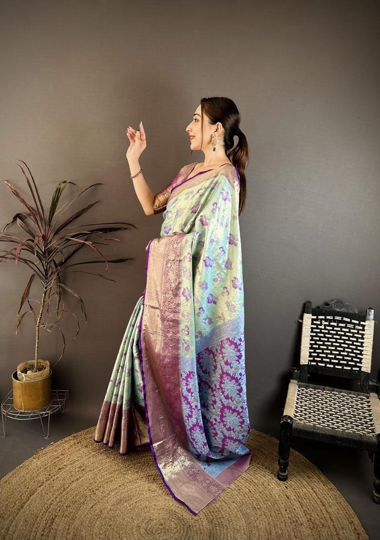 Sky Blue Zari Work Silk Saree Set - Indya