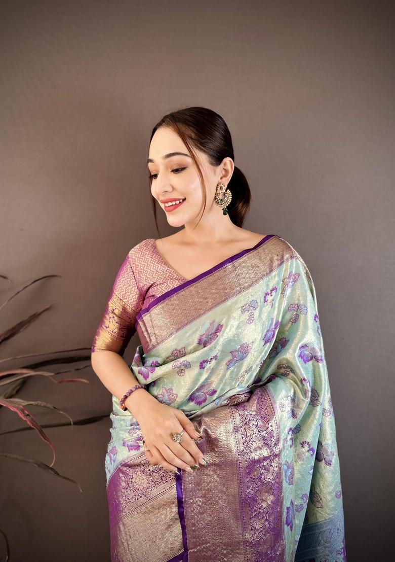 Sky Blue Zari Work Silk Saree Set - Indya