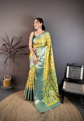 Yellow Zari Work Silk Saree Set