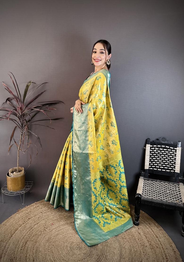 Yellow Zari Work Silk Saree Set - Indya