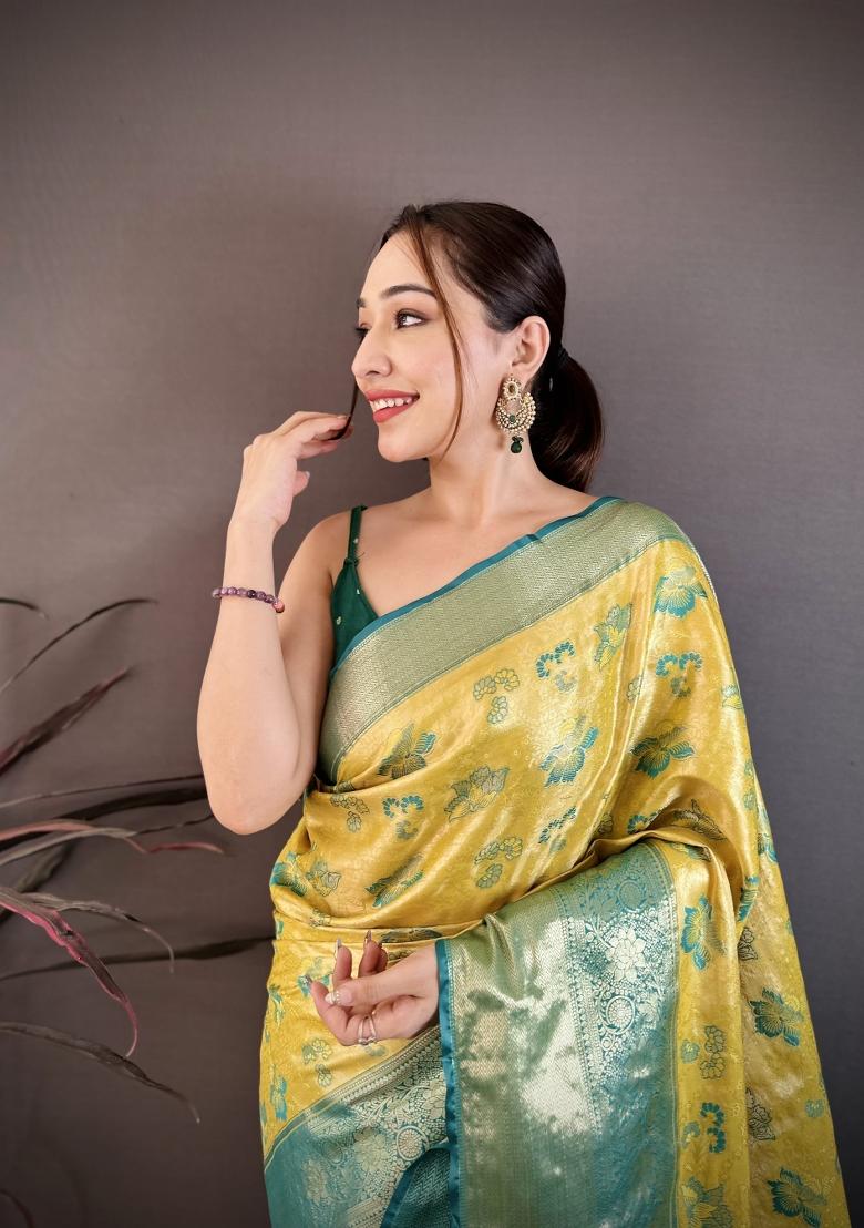 Yellow Zari Work Silk Saree Set - Indya