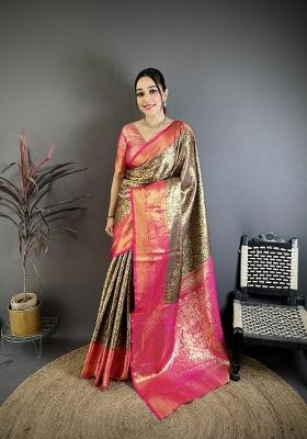 Brown Jacquard Silk Saree Set