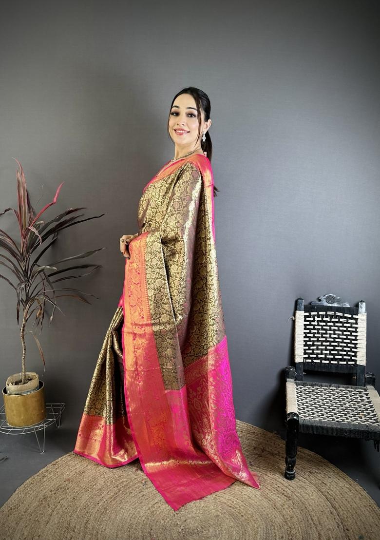 Brown Jacquard Silk Saree Set - Indya