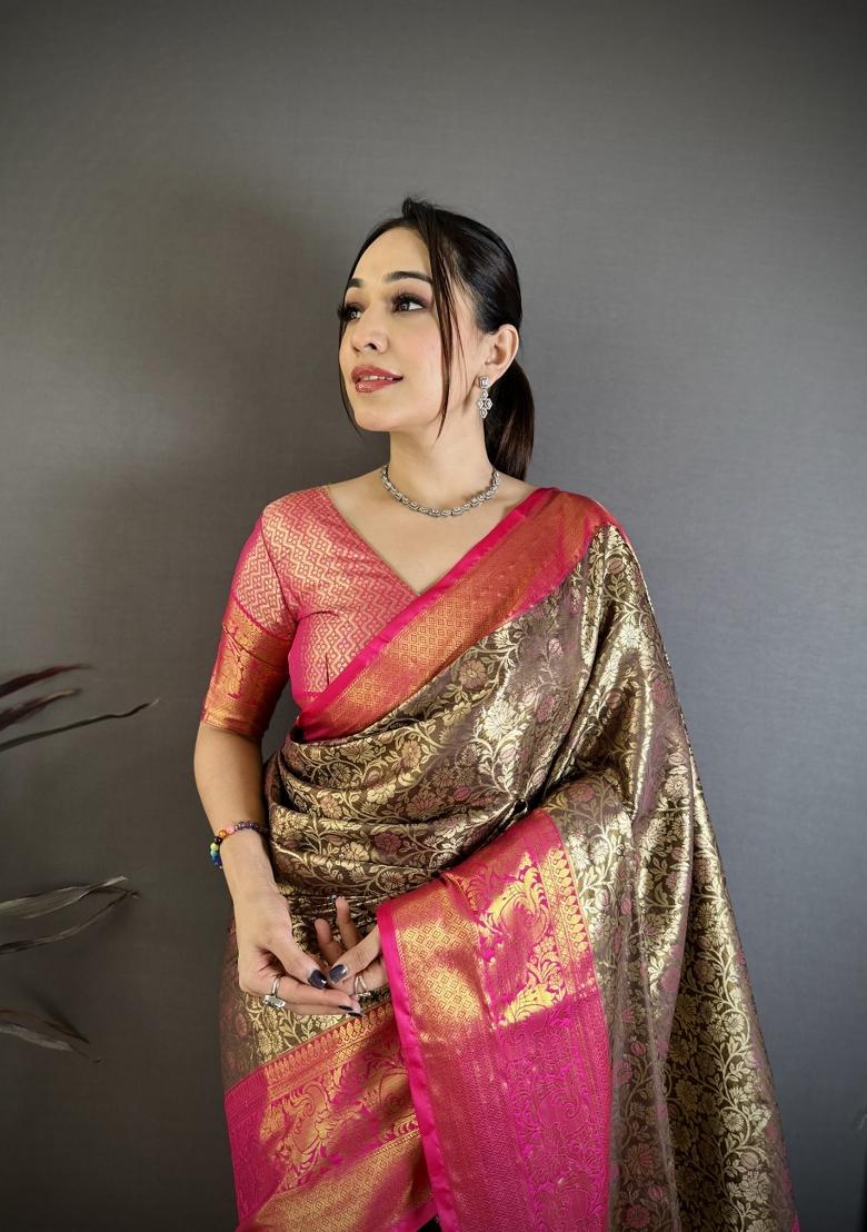 Brown Jacquard Silk Saree Set - Indya
