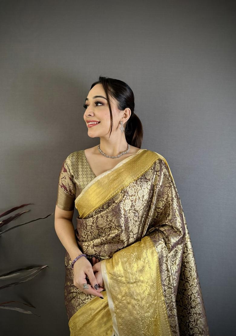 Brown Jacquard Silk Saree Set - Indya