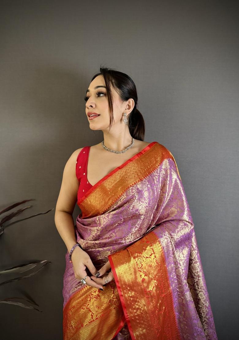 Lavender Jacquard Silk Saree Set - Indya