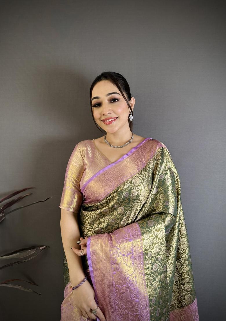Mehendi Green Jacquard Silk Saree Set - Indya
