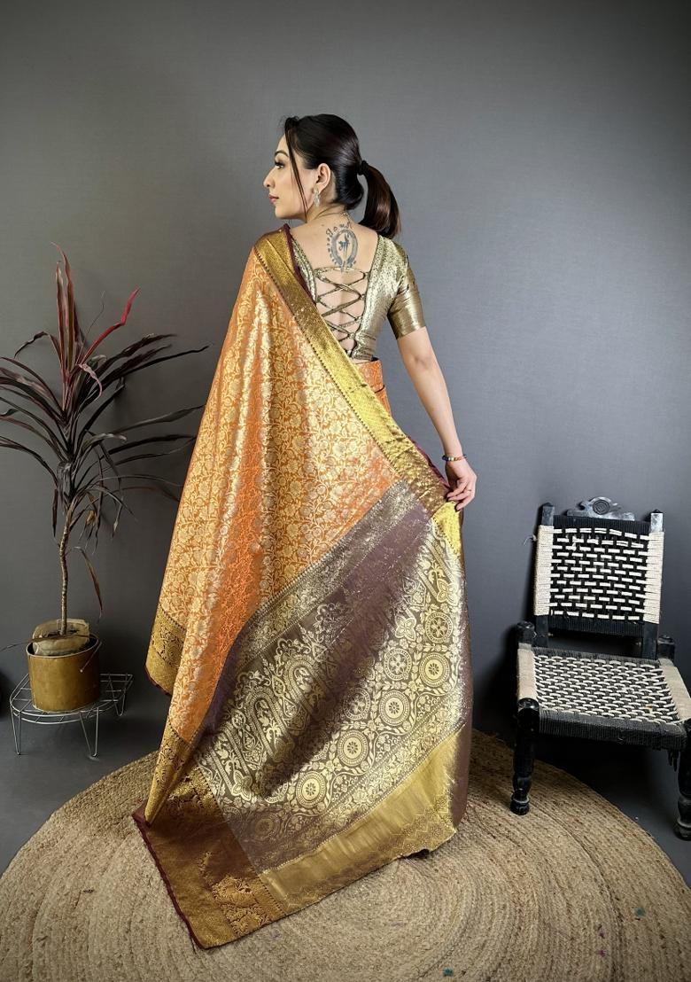 Mustard Jacquard Silk Saree Set - Indya