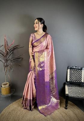 Pink Jacquard Silk Saree Set
