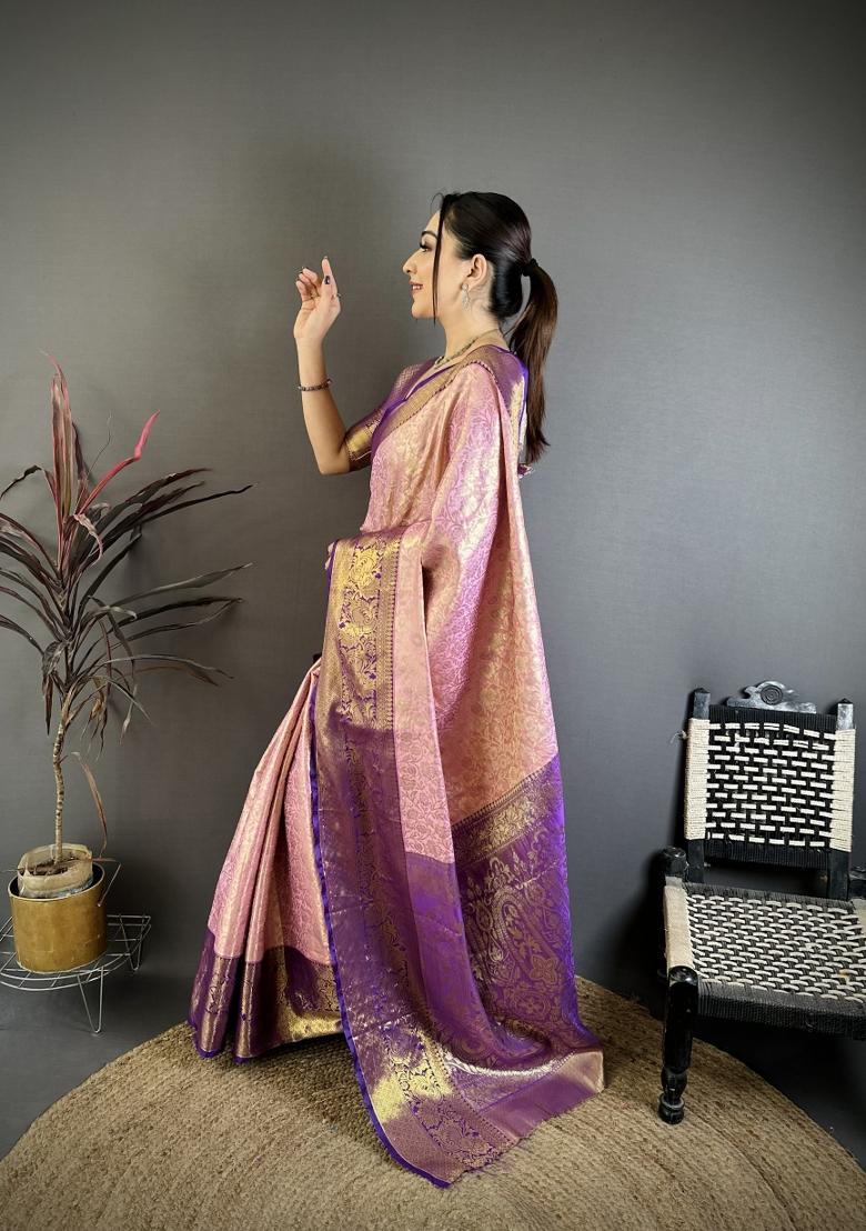Pink Jacquard Silk Saree Set - Indya