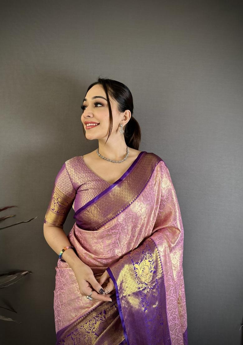 Pink Jacquard Silk Saree Set - Indya