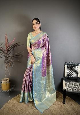 Purple Jacquard Silk Saree Set