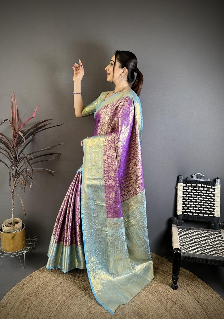 Purple Jacquard Silk Saree Set - Indya