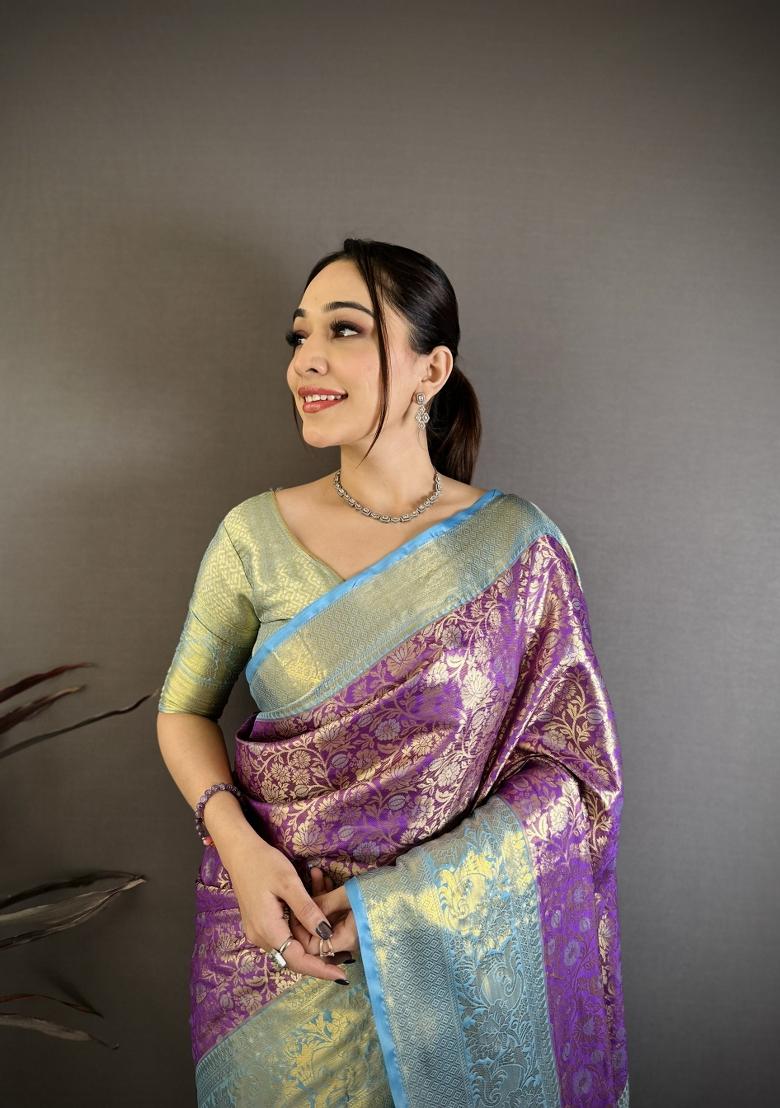 Purple Jacquard Silk Saree Set - Indya