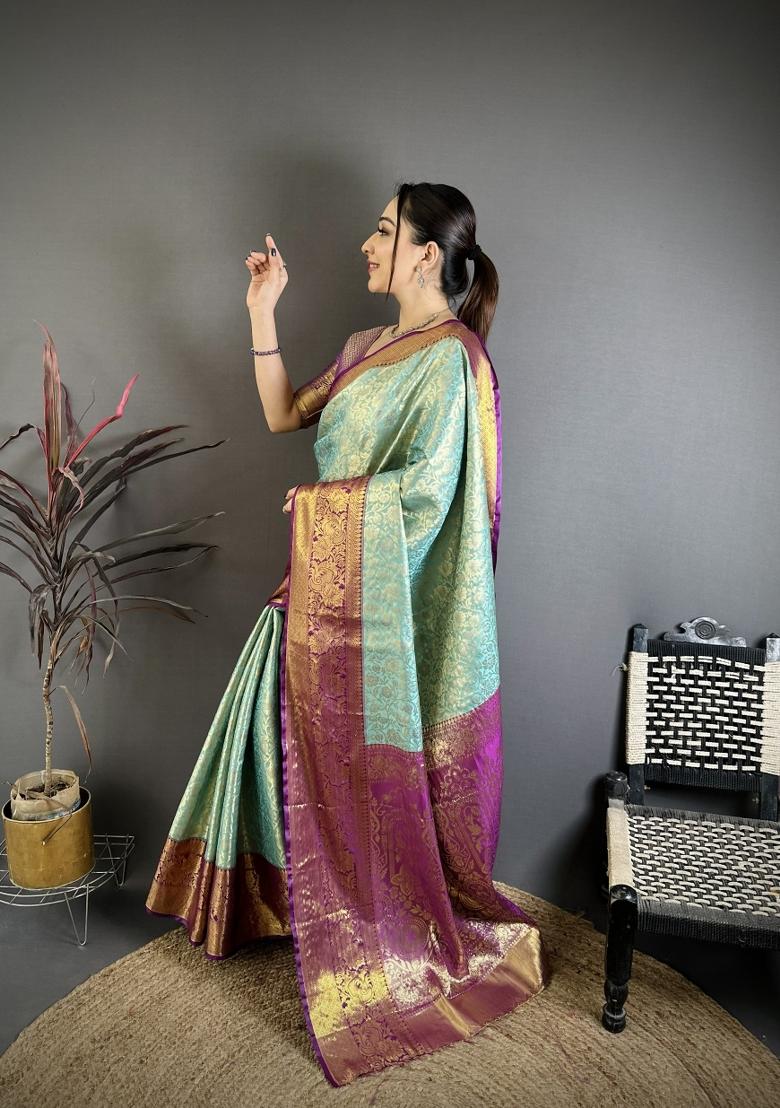 Sky Blue Jacquard Silk Saree Set - Indya