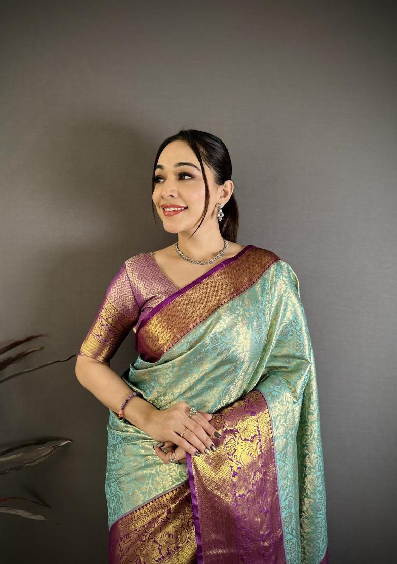 Sky Blue Jacquard Silk Saree Set - Indya