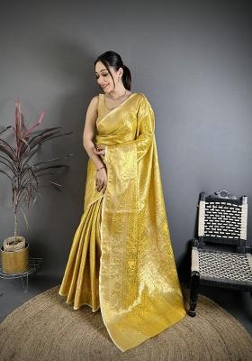 Yellow Jacquard Silk Saree Set