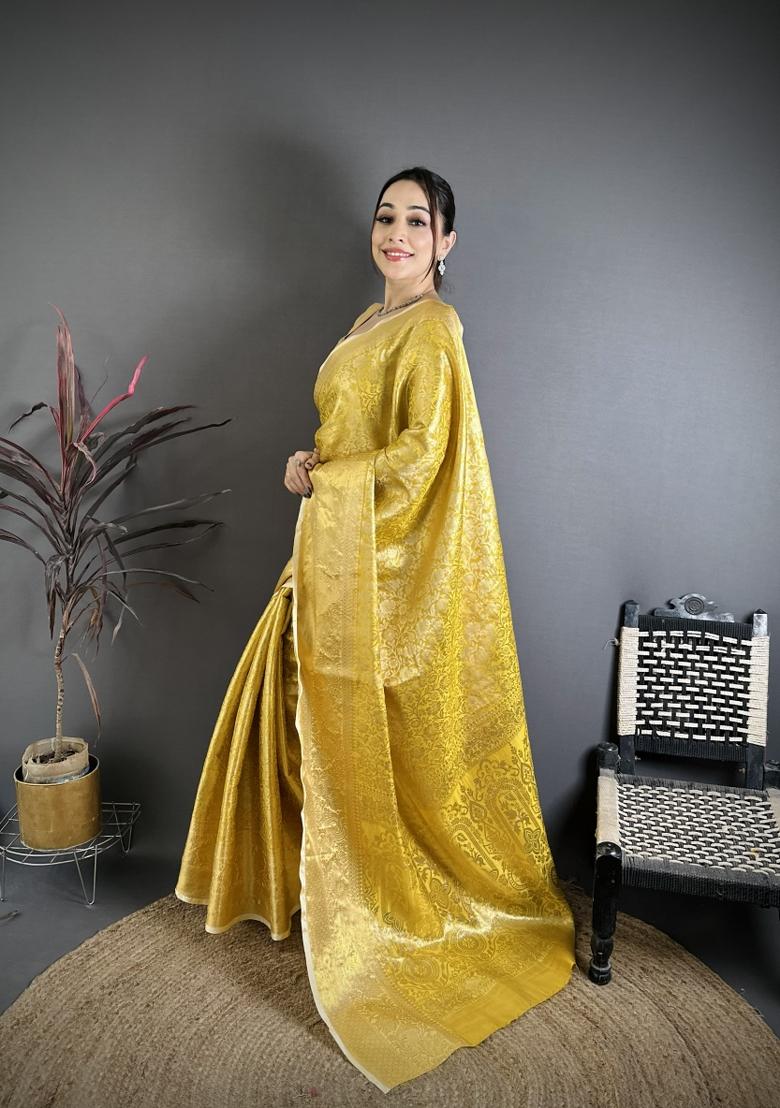 Yellow Jacquard Silk Saree Set - Indya