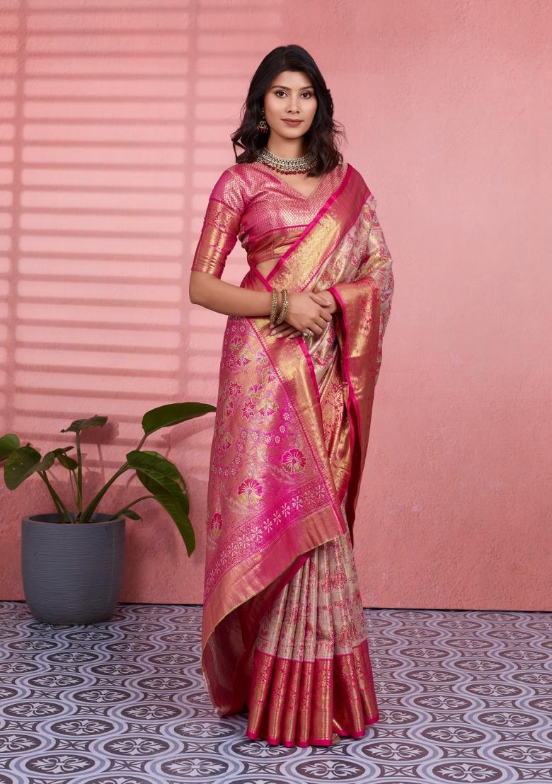 Beige Weaving Work Silk Saree Set - Indya