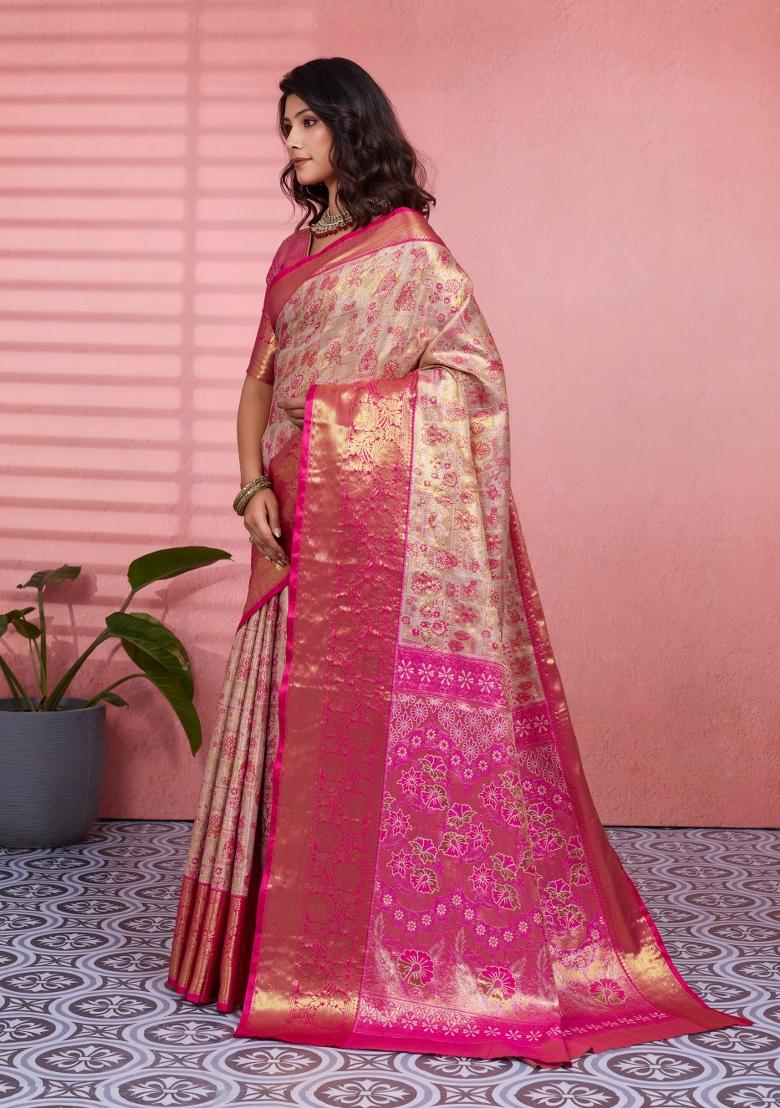 Beige Weaving Work Silk Saree Set - Indya