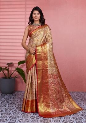 Beige Weaving Work Silk Saree Set