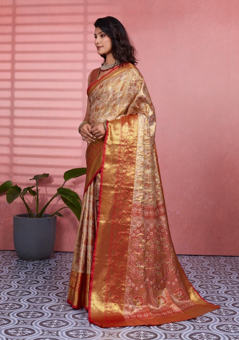 Beige Weaving Work Silk Saree Set - Indya