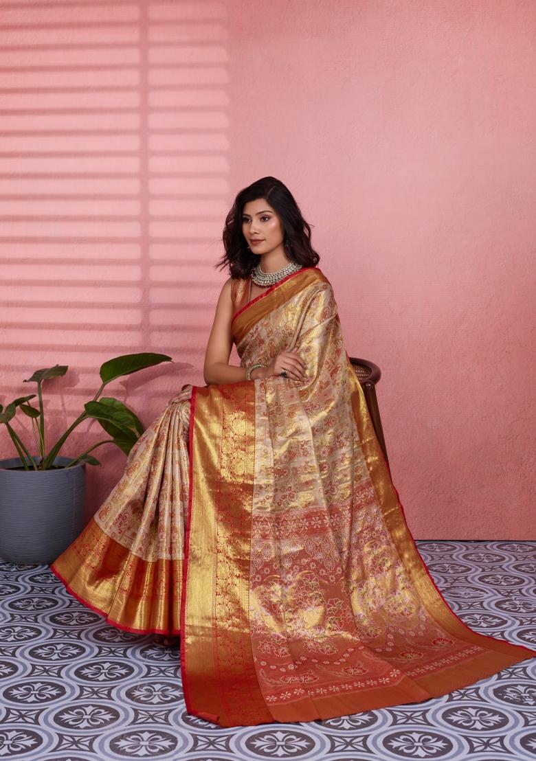 Beige Weaving Work Silk Saree Set - Indya