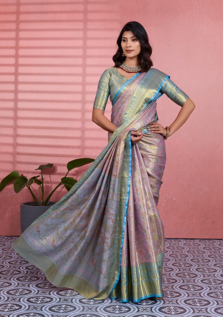 Lavender Weaving Work Silk Saree Set - Indya