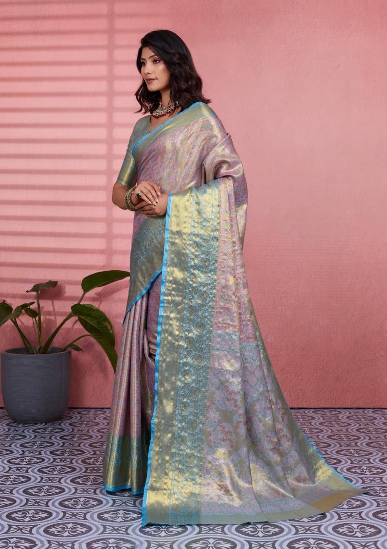 Lavender Weaving Work Silk Saree Set - Indya