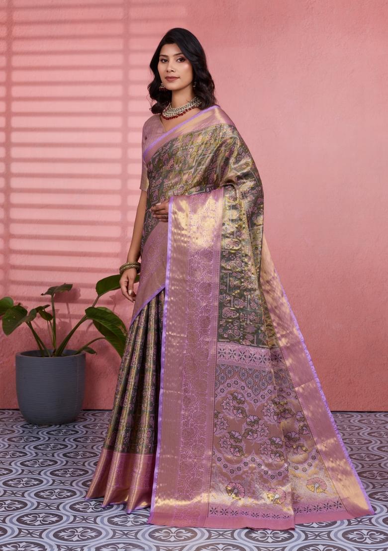 Mehendi Green Weaving Work Silk Saree Set - Indya