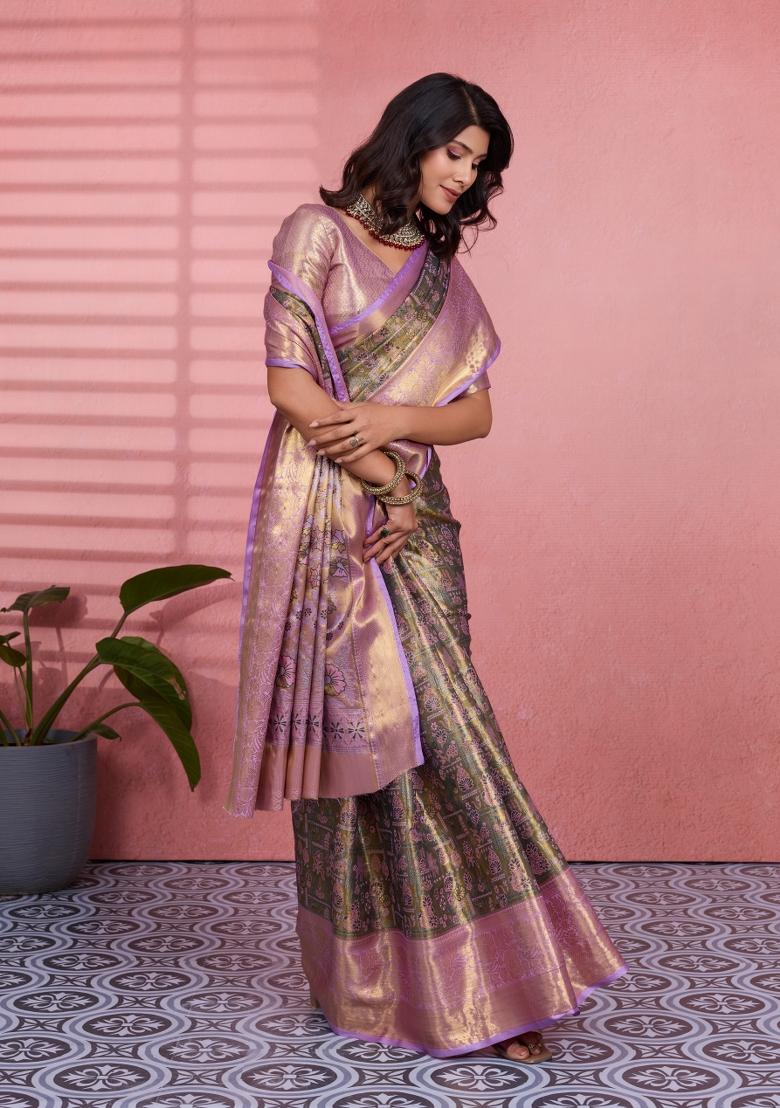 Mehendi Green Weaving Work Silk Saree Set - Indya