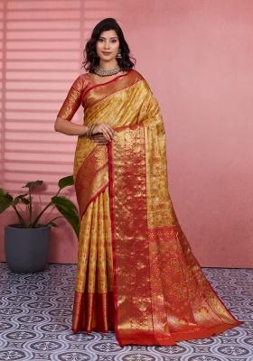 Mustard Weaving Work Silk Saree Set