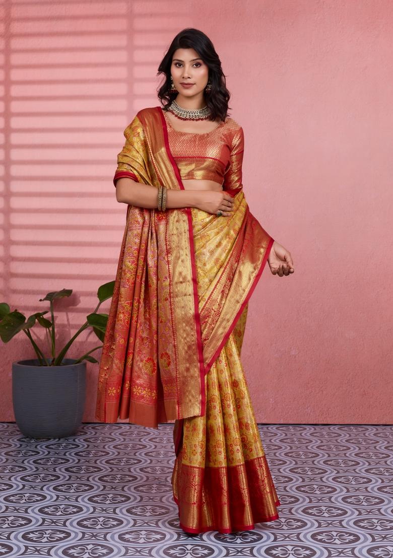 Mustard Weaving Work Silk Saree Set - Indya