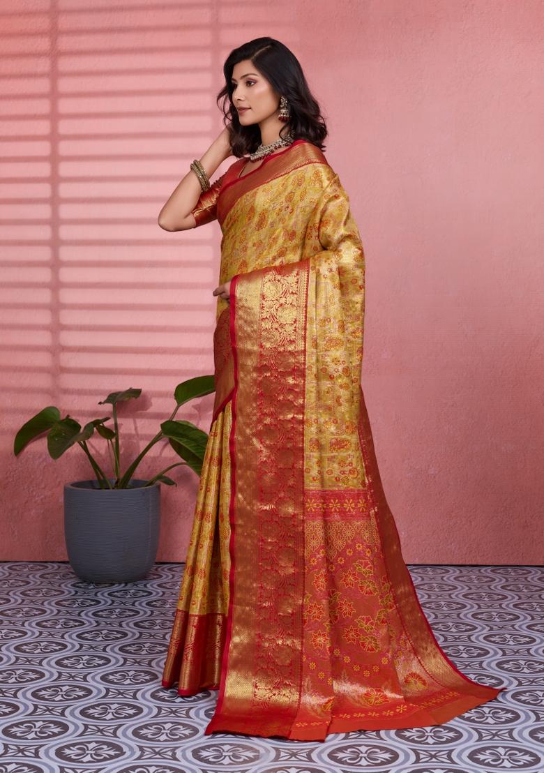 Mustard Weaving Work Silk Saree Set - Indya