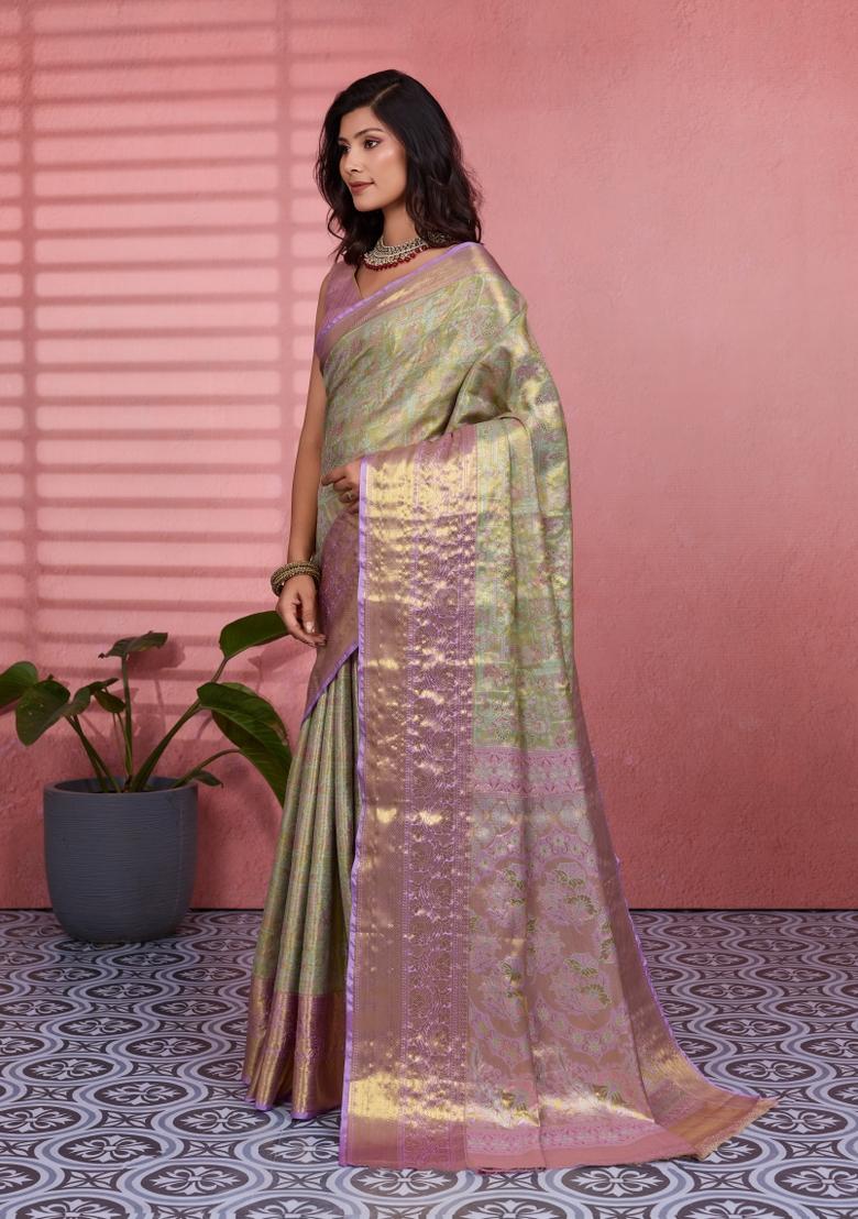 Pista Weaving Work Silk Saree Set - Indya