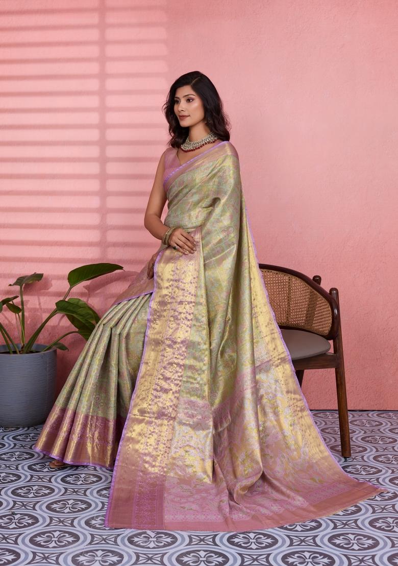 Pista Weaving Work Silk Saree Set - Indya