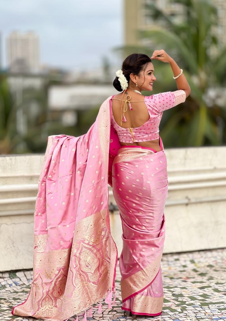 Pink Weaving Work Silk Saree Set - Indya