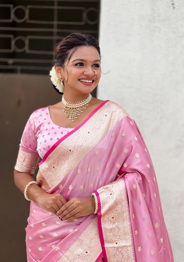 Pink Weaving Work Silk Saree Set - Indya