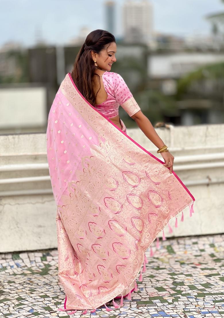 Pink Weaving Work Silk Saree Set - Indya