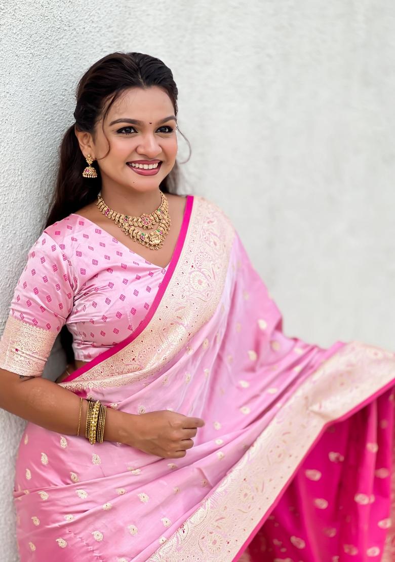 Pink Weaving Work Silk Saree Set - Indya