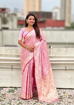 Pink Weaving Work Silk Saree Set