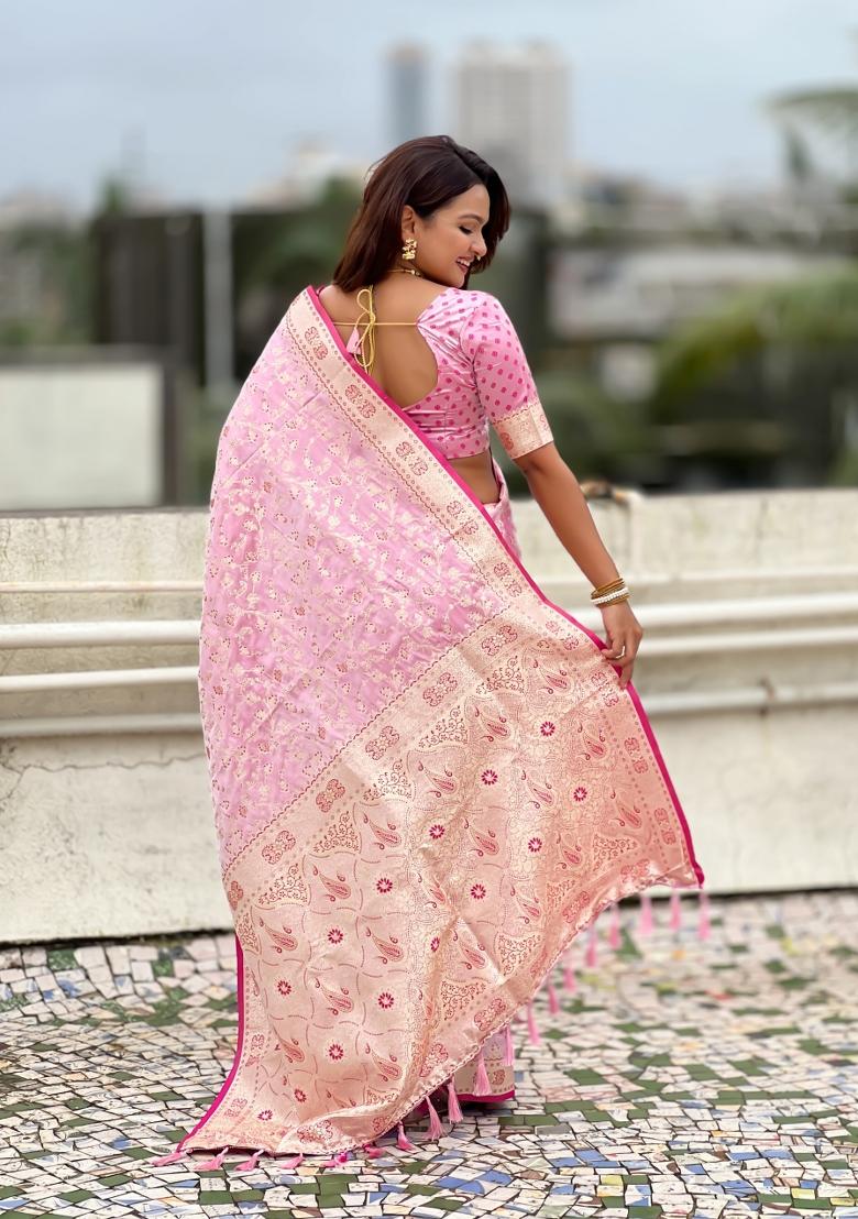 Pink Weaving Work Silk Saree Set - Indya