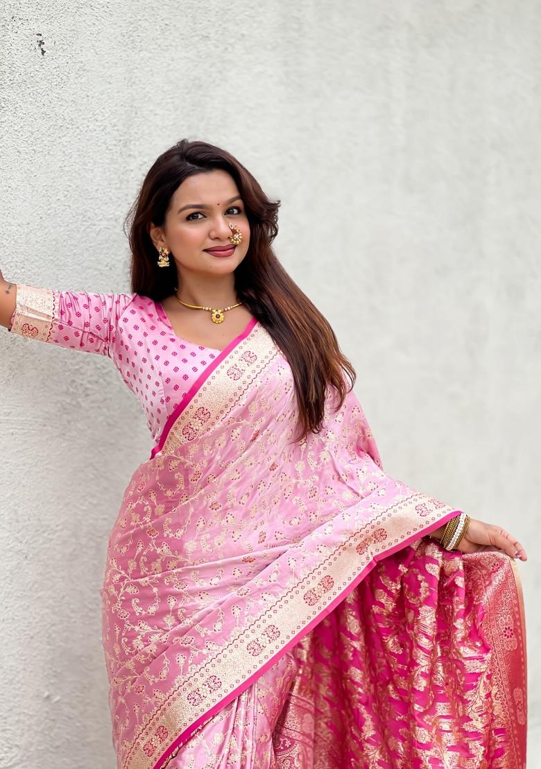 Pink Weaving Work Silk Saree Set - Indya