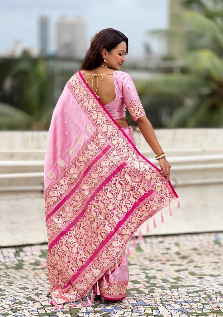 Pink Weaving Work Silk Saree Set - Indya
