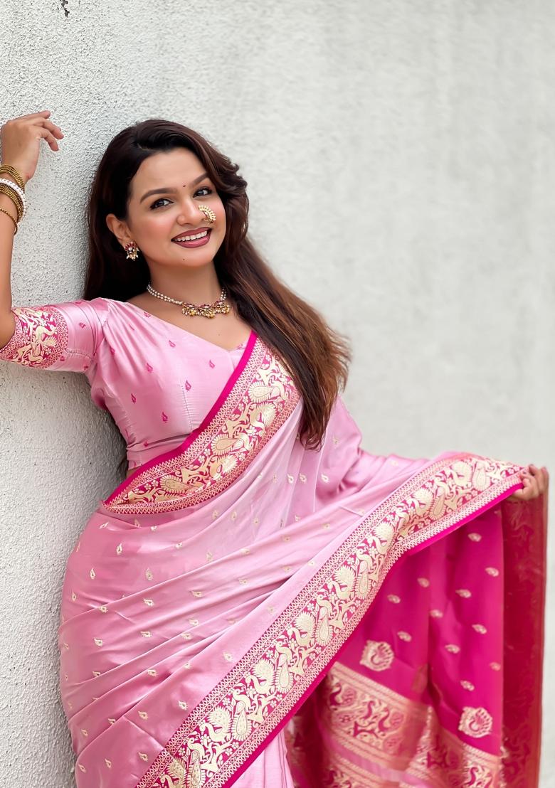 Pink Weaving Work Silk Saree Set - Indya