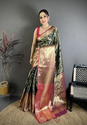 Black Jacquard Silk Saree Set