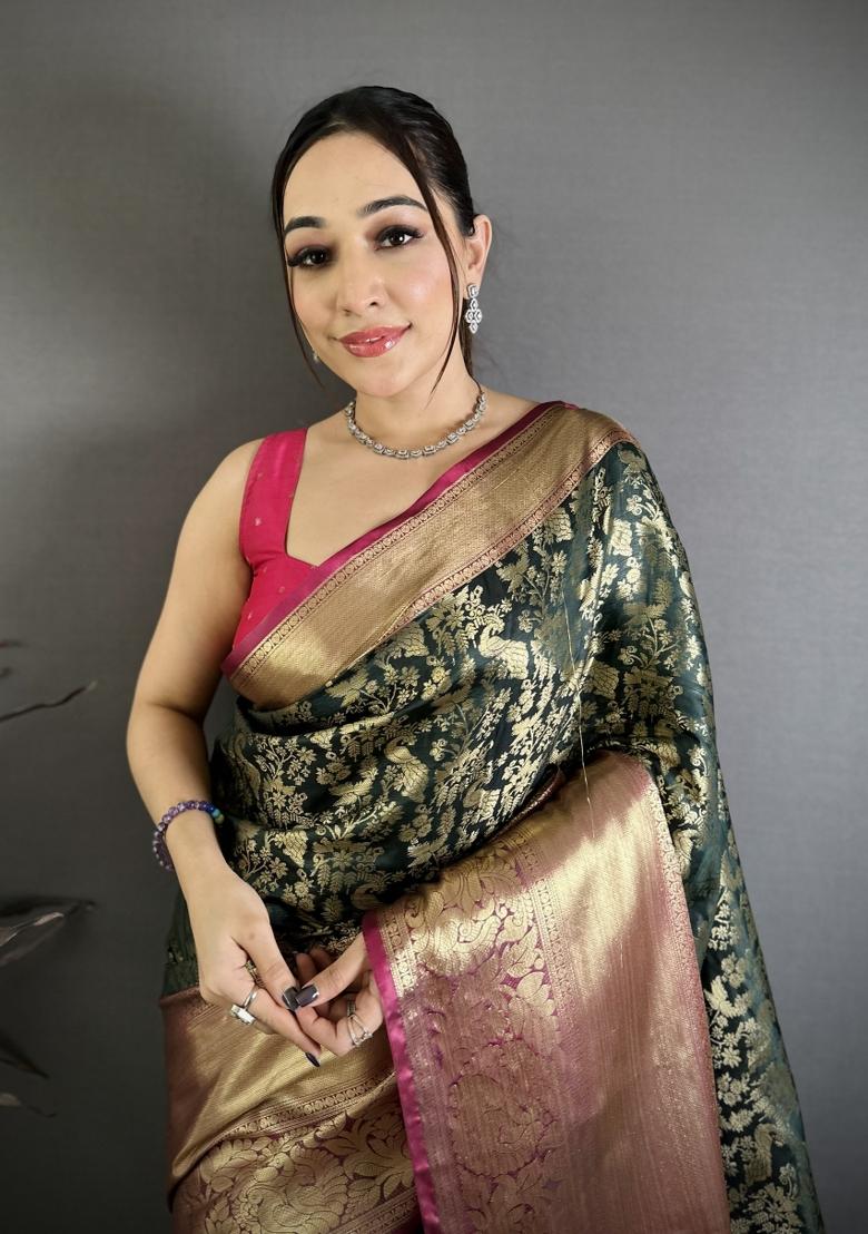 Black Jacquard Silk Saree Set - Indya